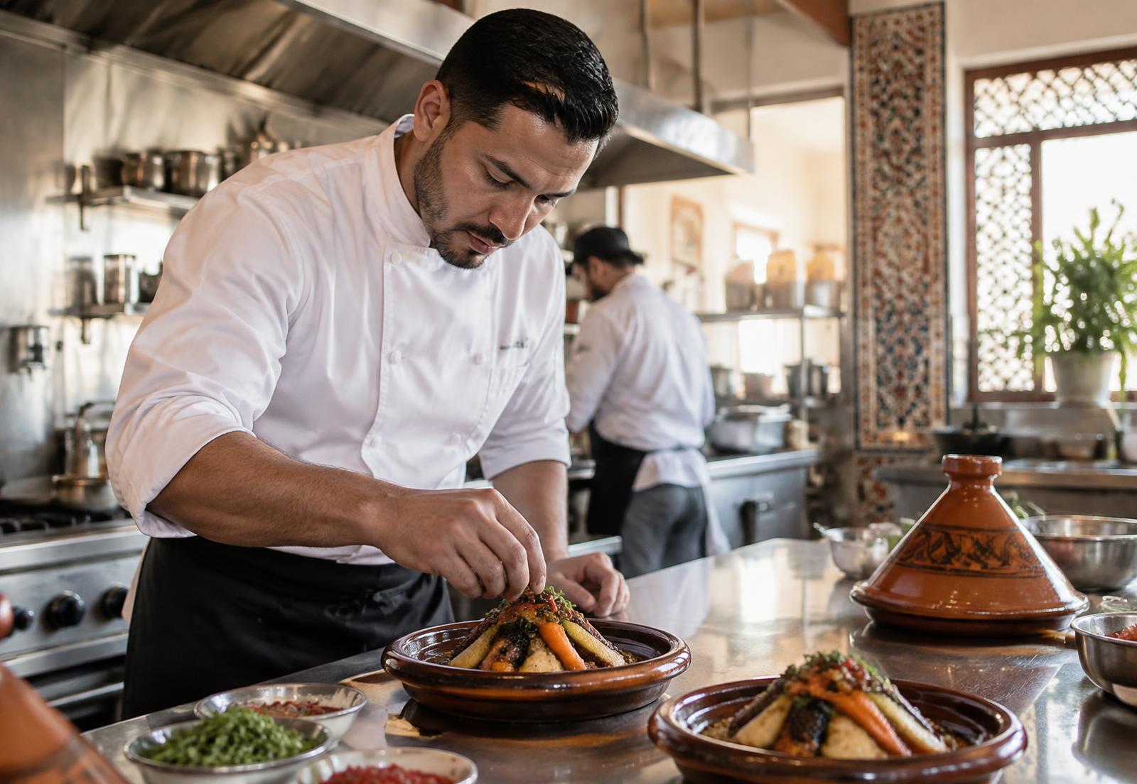Chef dressant des tajines dans une cuisine professionnelle